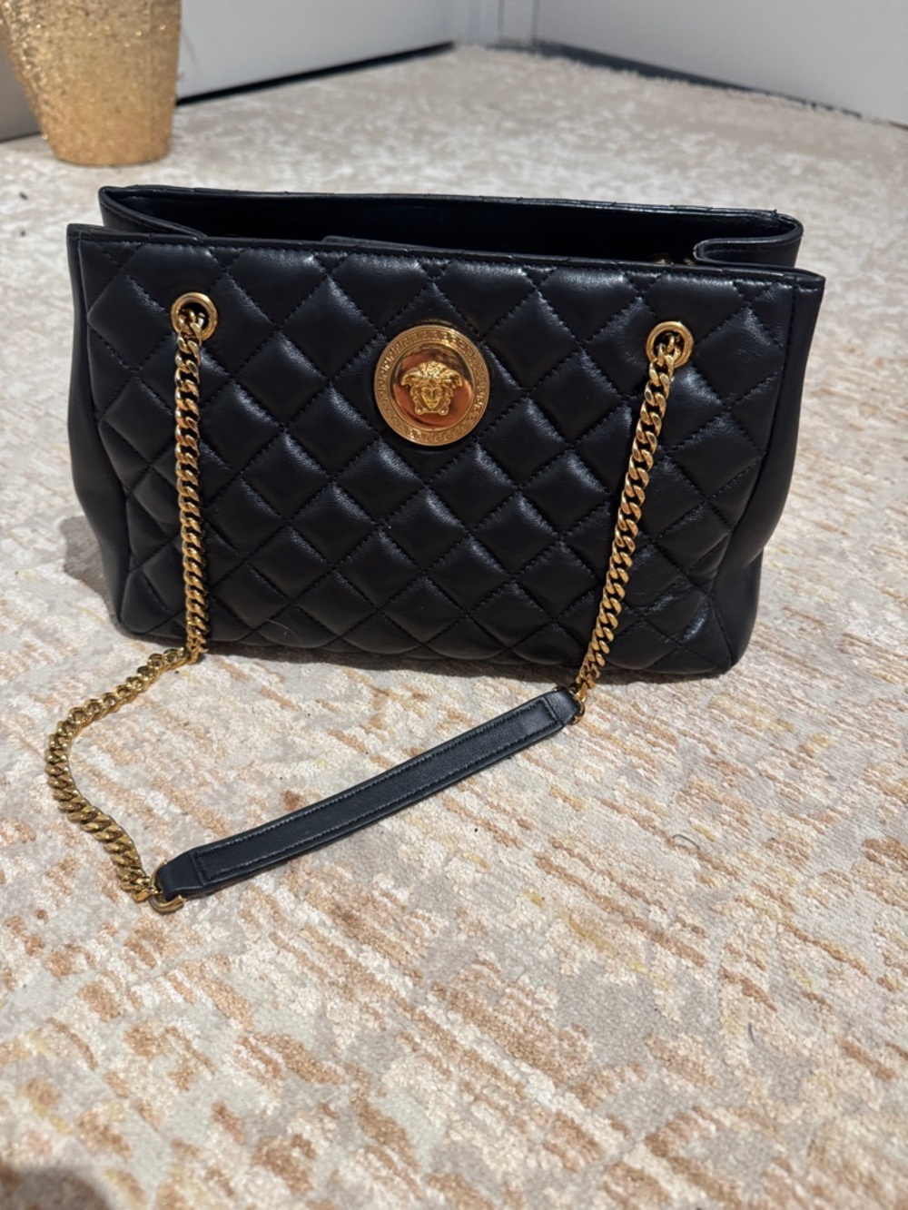 Versace Black Quilted Leather Shoulder Bag with Gold Medallion and Chain - Picture 2 of 7